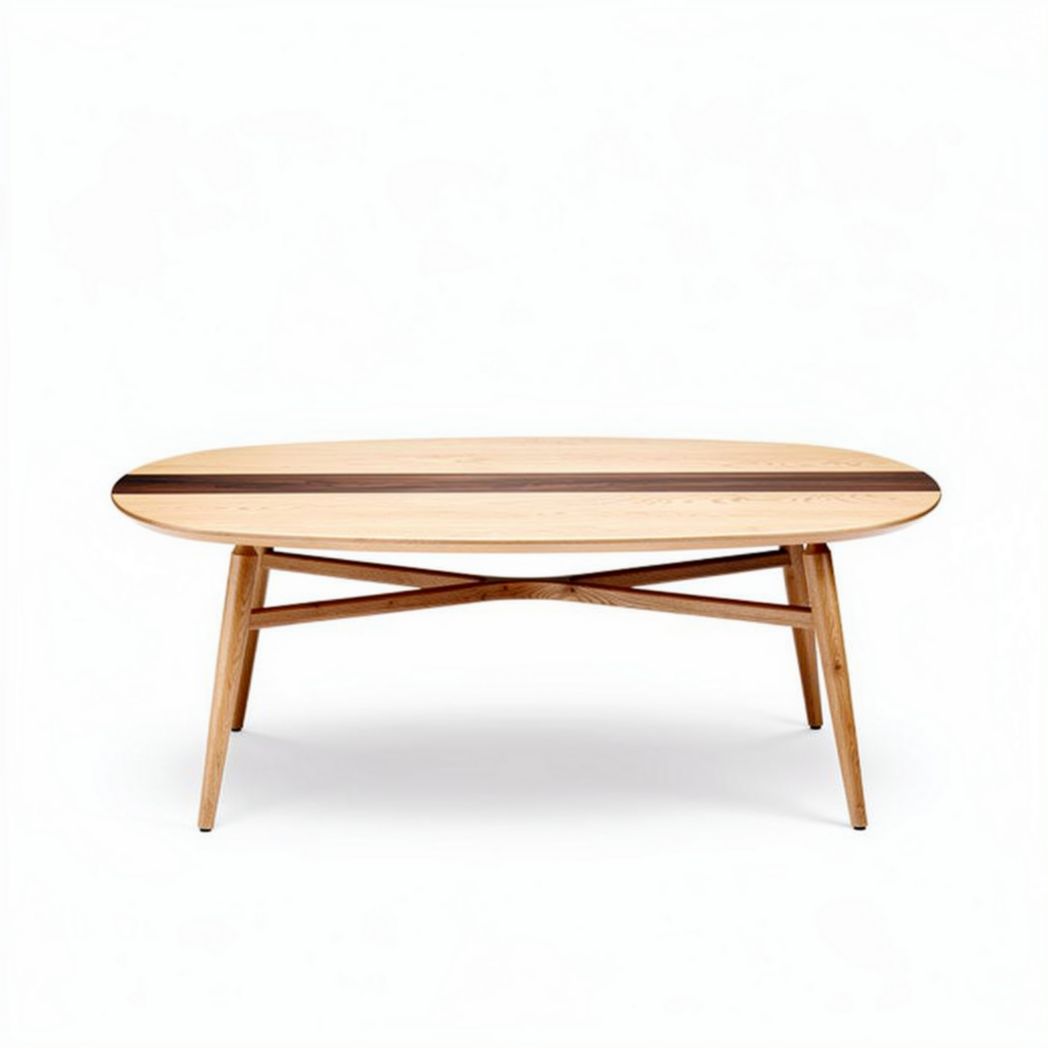 Oval coffee table with natural wood veneer top and sturdy wooden legs 100 x 60 x 45cm