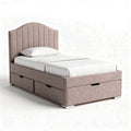 Upholstered twin bed with built-in storage drawers in light gray fabric