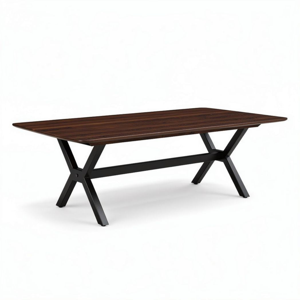 Rectangular dining table with wooden top and black metal base 200 x 100 x 75cm