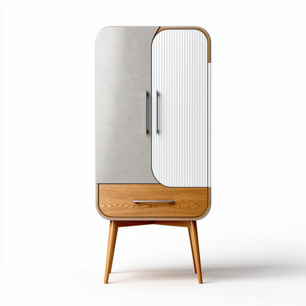 Wooden storage cabinet with concrete finish doors and grooved design 80 x 40 x 150cm