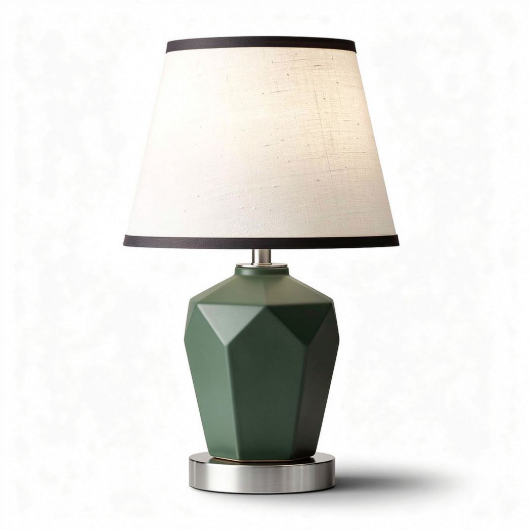 Geometric green ceramic table lamp with white fabric shade 30 x 20 x 50cm