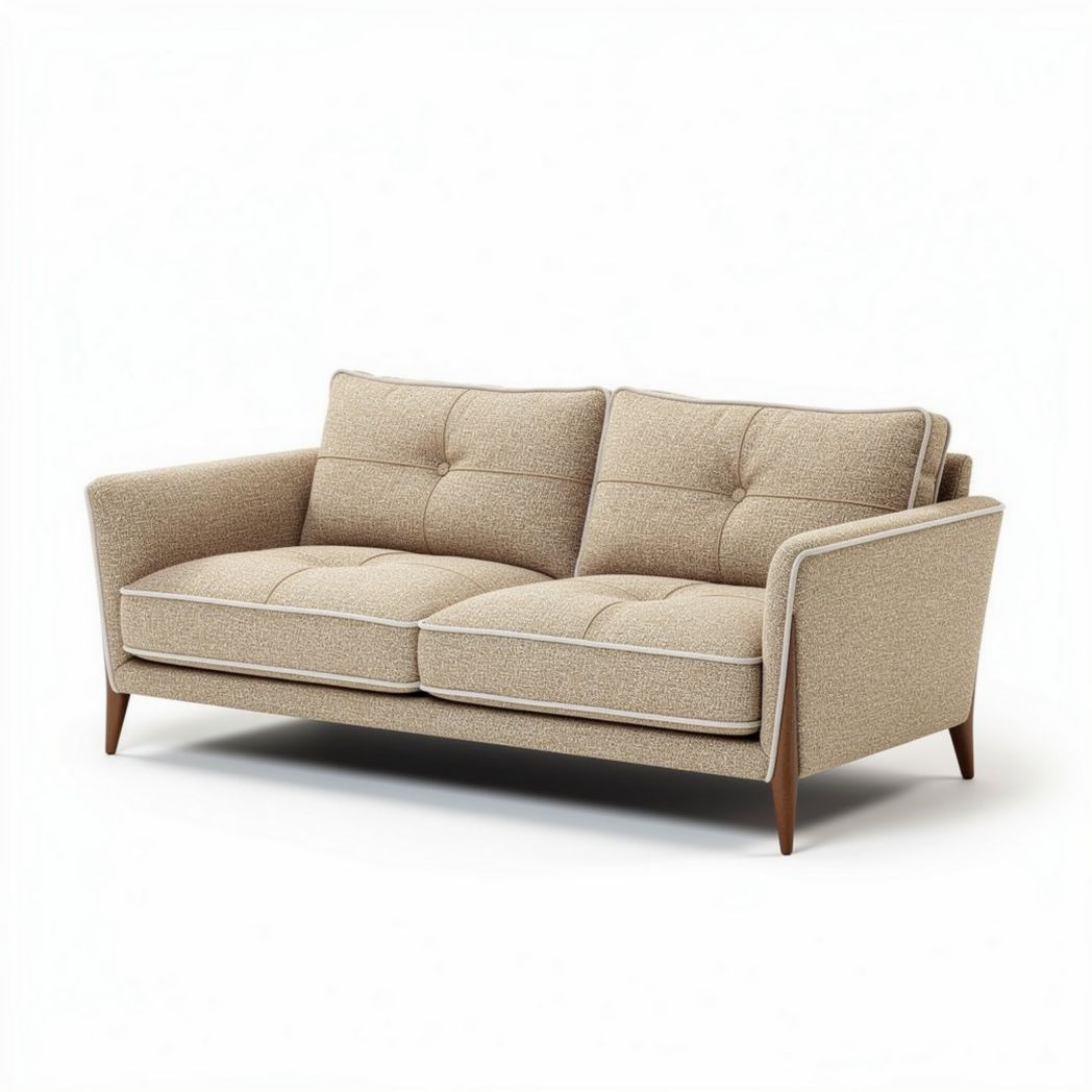Two-seater upholstered sofa in beige fabric with wooden legs 180 x 90 x 85cm