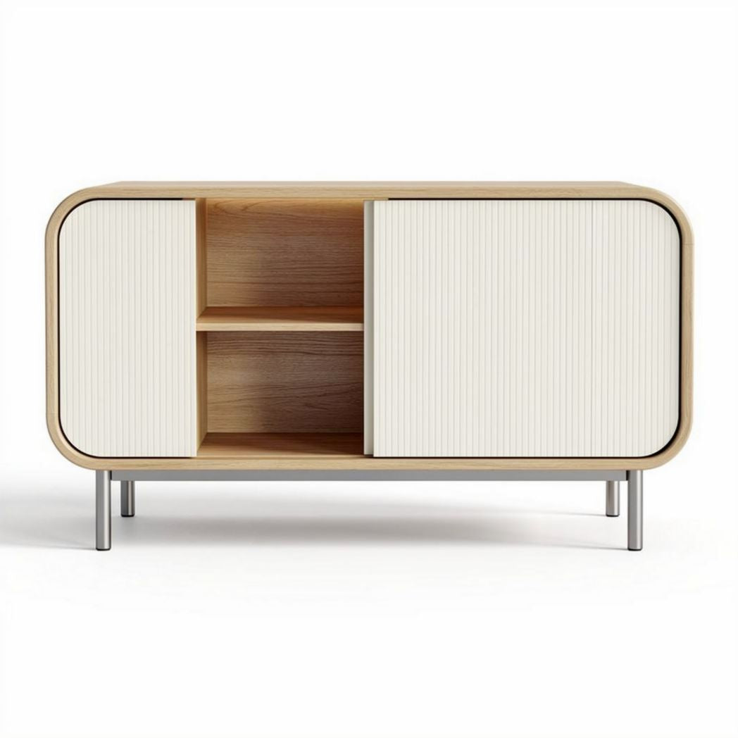 Wooden storage cabinet with sliding doors and metal legs 90 x 45 x 60cm