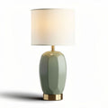 Green ceramic table lamp with pleated white shade and gold base 30 x 15 x 50cm