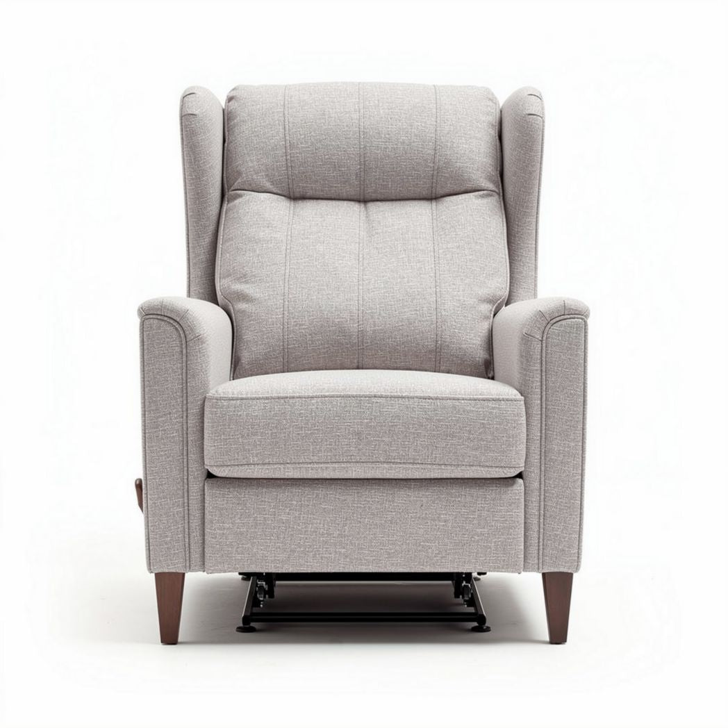 Fabric reclining chair with wingback design in light gray measures 80 x 85 x 100cm