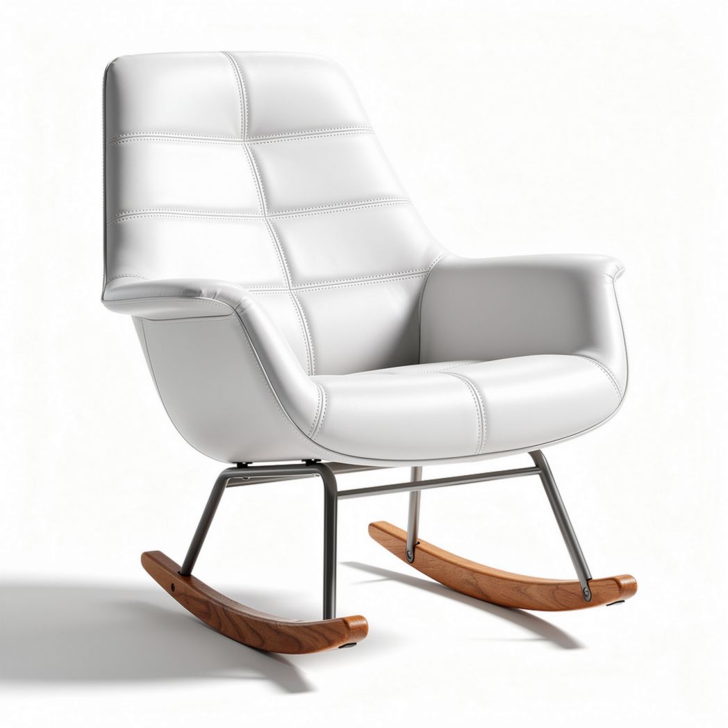 White leather rocking chair with wooden base and metal frame 90 x 80 x 100cm