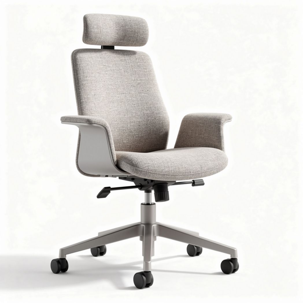 Office chair with adjustable headrest and ergonomic design in gray fabric