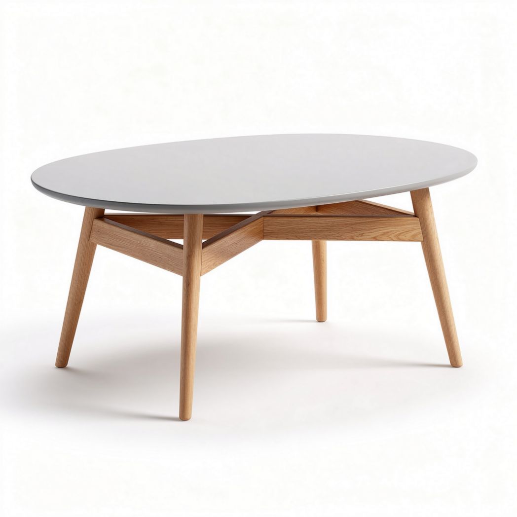 Oval coffee table with wooden legs and gray top 120 x 60 x 45cm